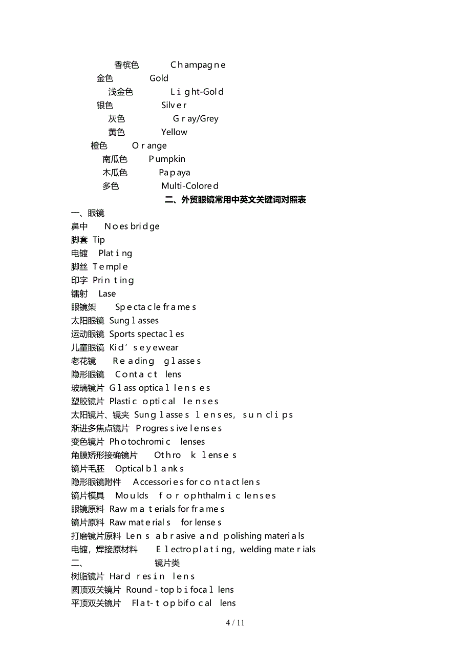 外贸婚纱、眼镜、假发、玩具、礼品五大行业常用中英文关键词对照表_第4页