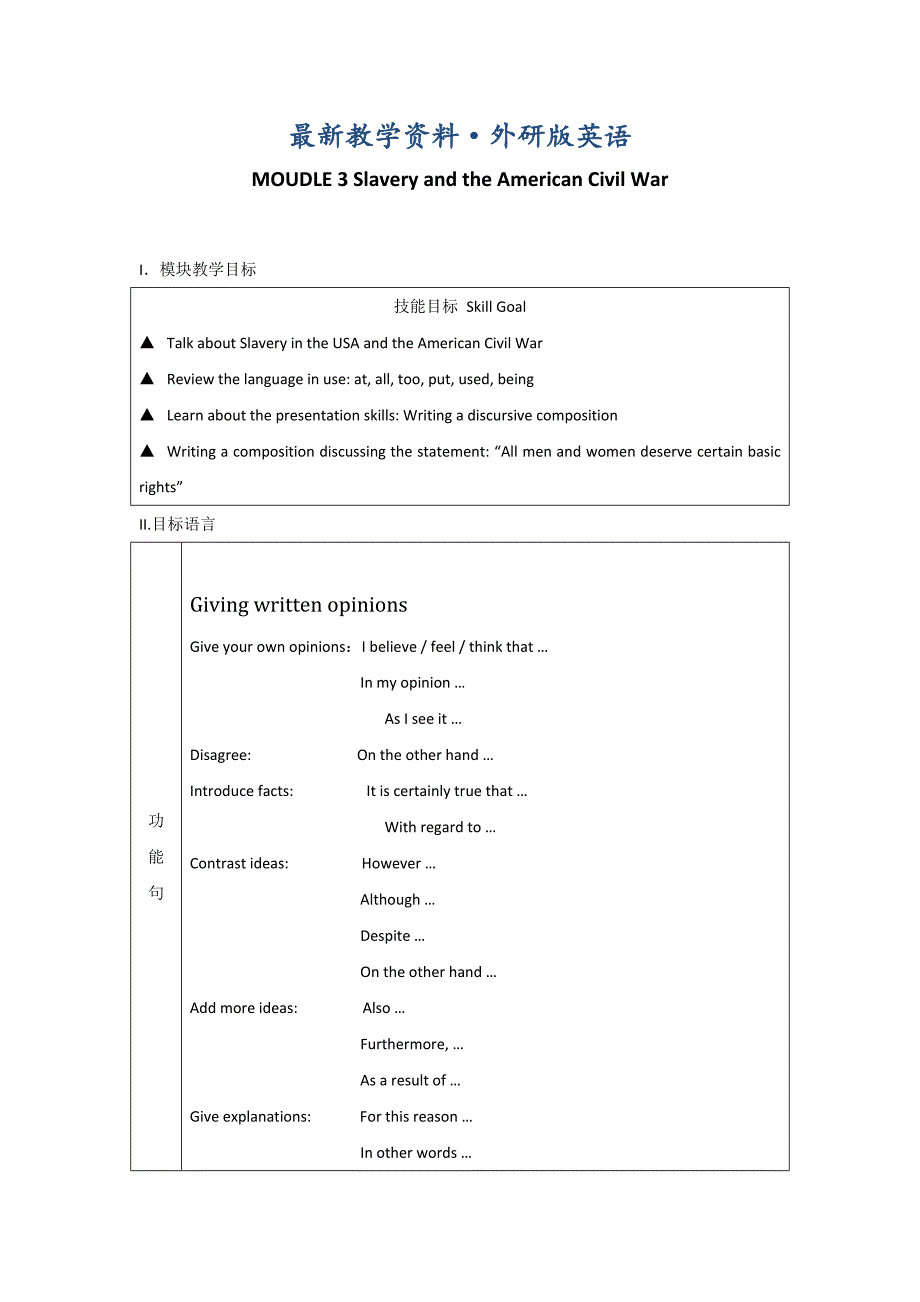 最新高二英语外研版选修10教案：Module 3 The First Period 含解析_第1页