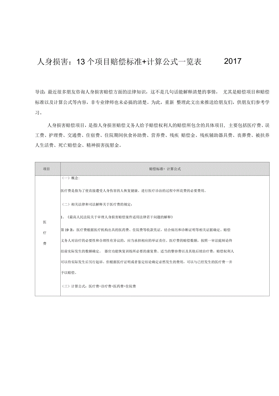 人身损害13个项目赔偿标准+计算公式一览表_第1页