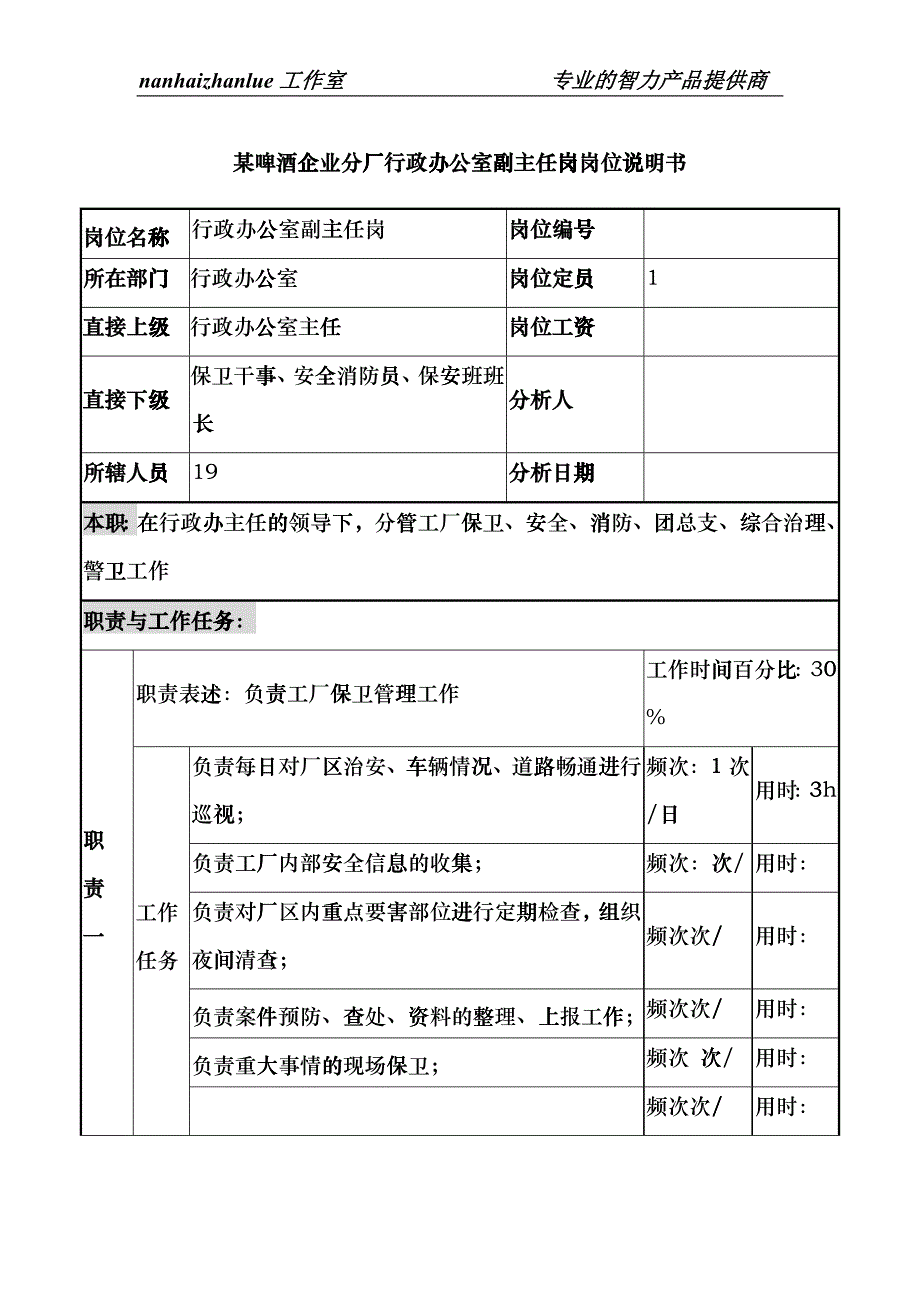 某啤酒企业分厂行政办公室副主任岗岗位说明书eyot_第1页