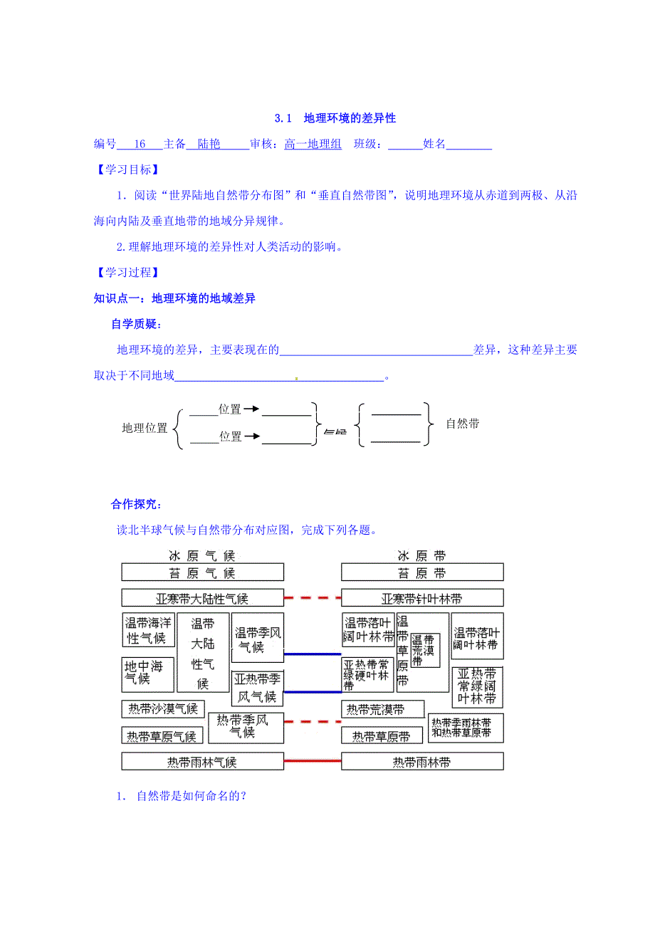 江苏省赣榆县海头高级中学高中地理必修一学案：3.1地理环境的差异性 Word版缺答案_第1页