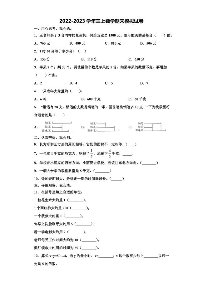 2023届大安市数学三上期末学业水平测试模拟试题含解析.doc