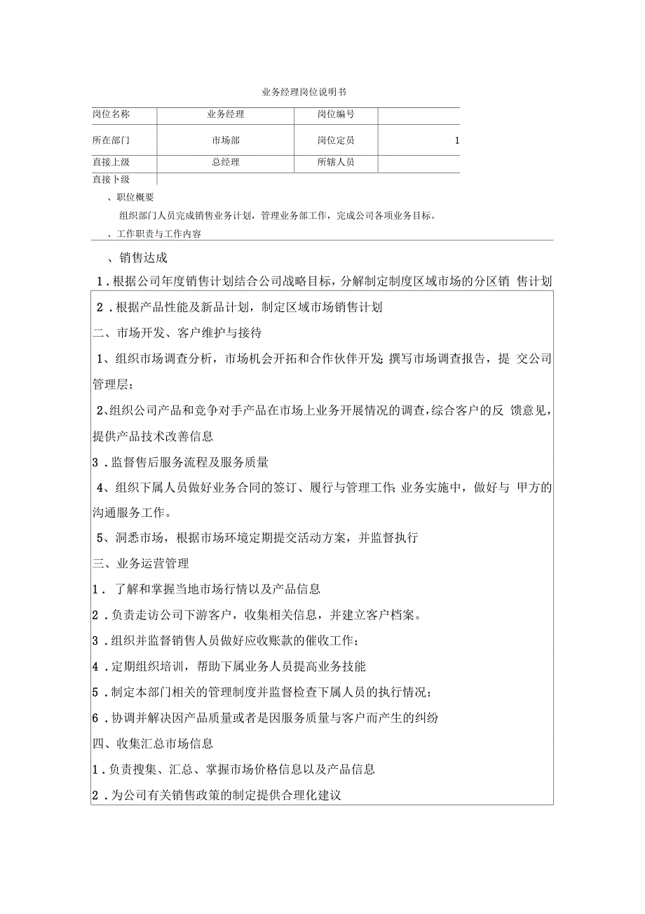 业务经理岗位说明书_第1页