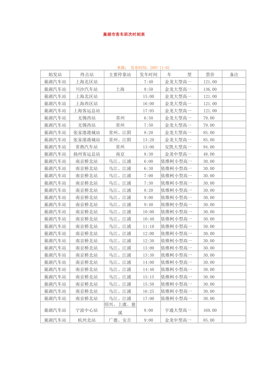 巢湖汽车站刻表_第1页