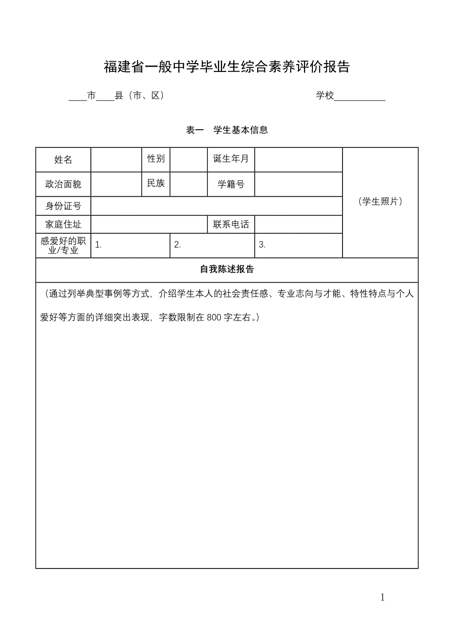 福建普通高中毕业生综合素质评价报告_第1页