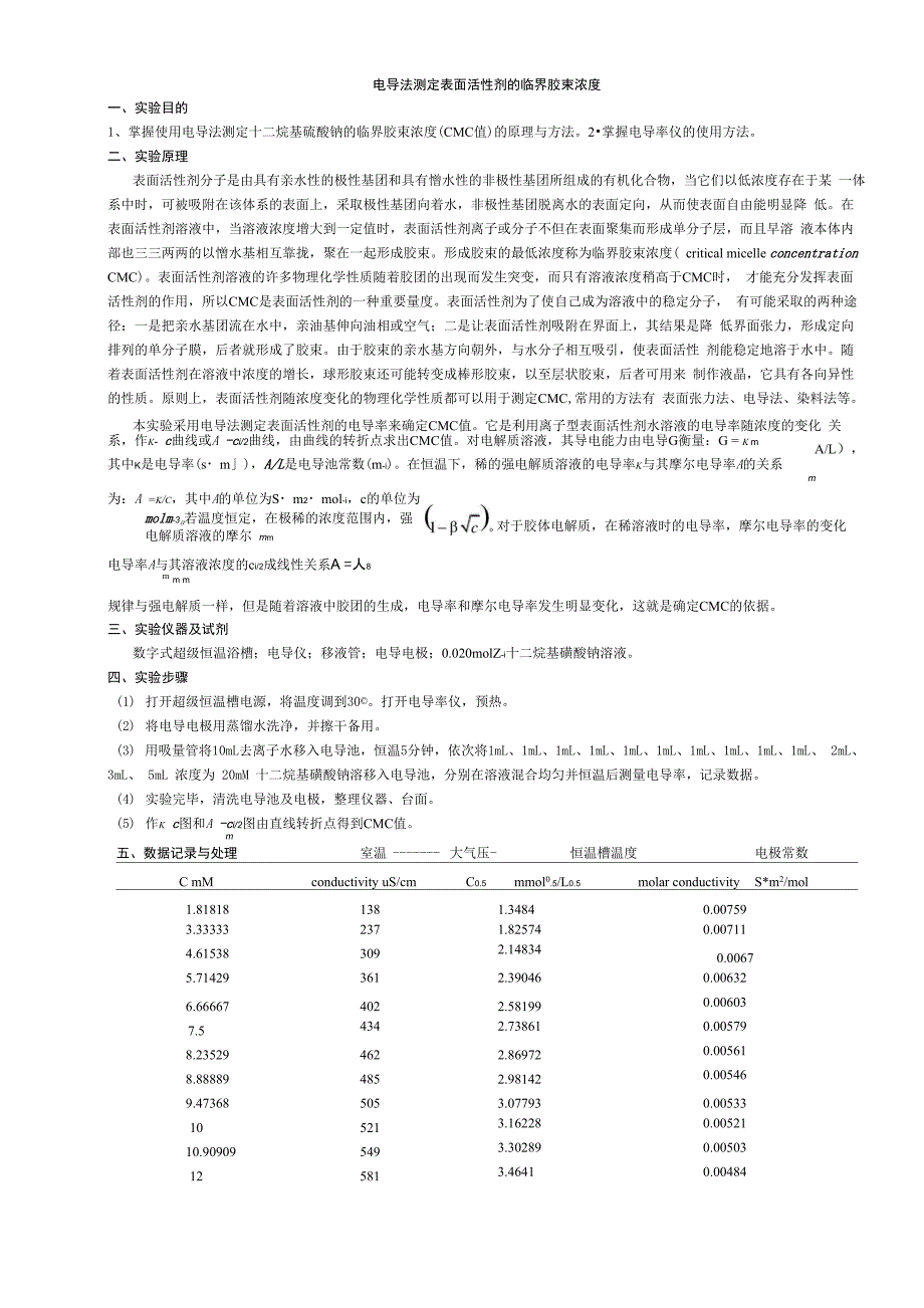 实验报告-电导法测定表面活性剂临界胶束浓度_第1页