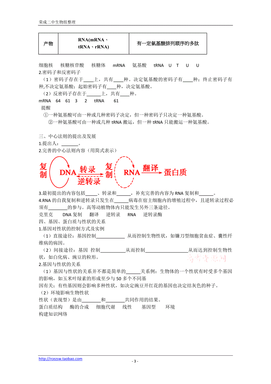 精品学案高三生物一轮复习：基因指导蛋白质的合成及对性状的控制(人教版必修二).doc_第3页