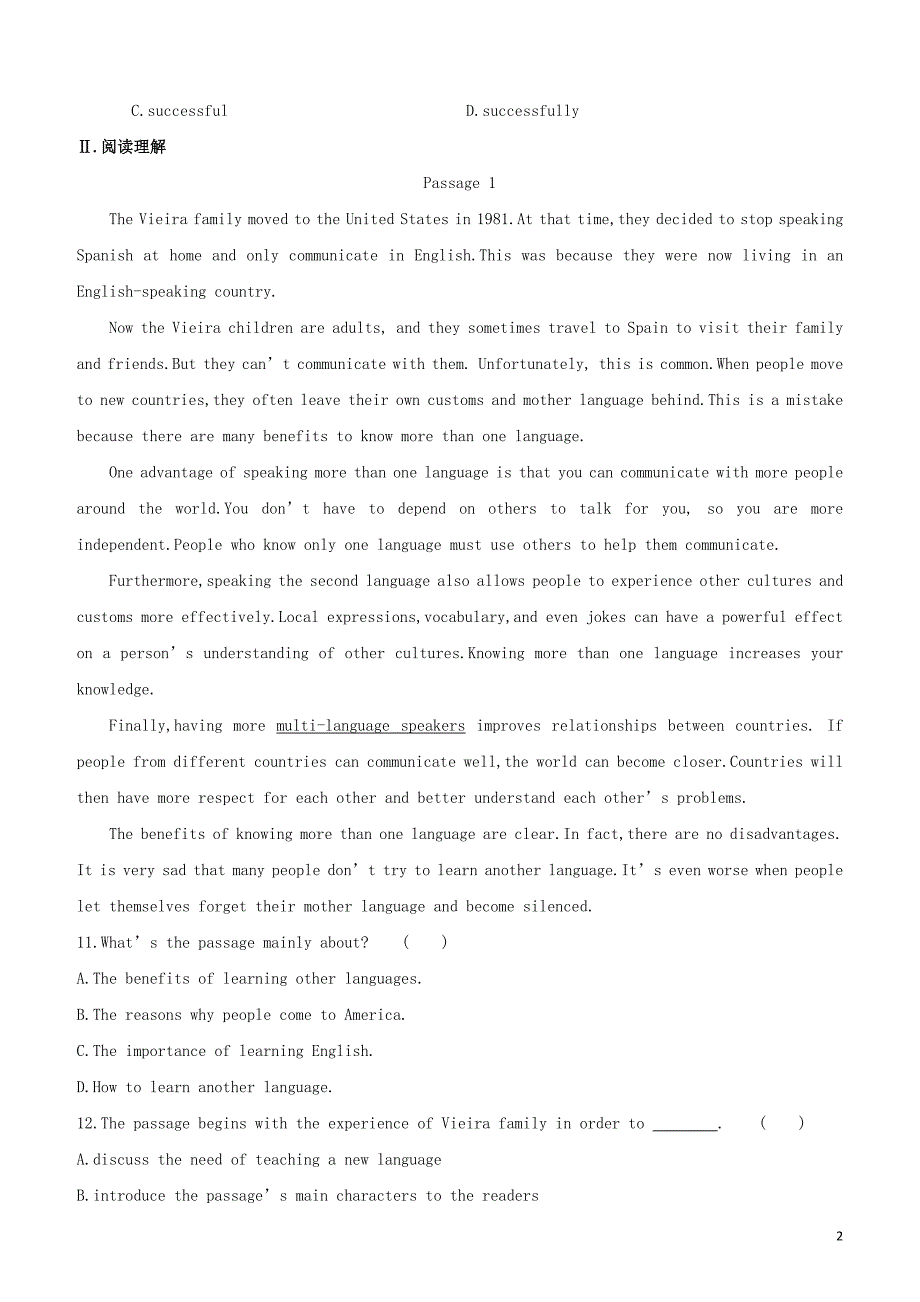 呼和浩特专版2020中考英语复习方案速测11完形填空+阅读理解B+C+阅读理解填词试题_第2页