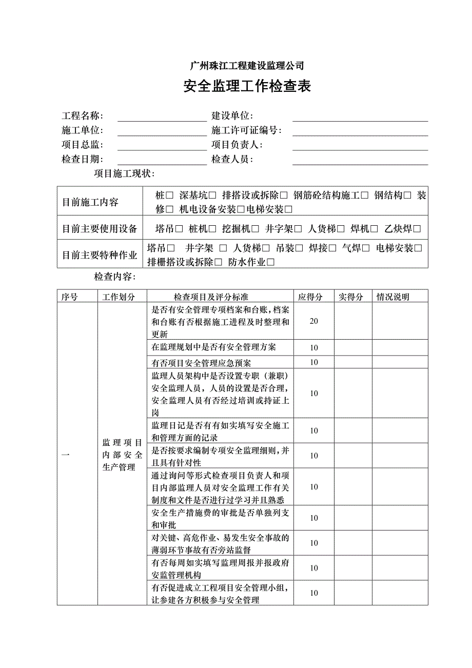 工程建设监理公司安全监理工作检查表_第1页