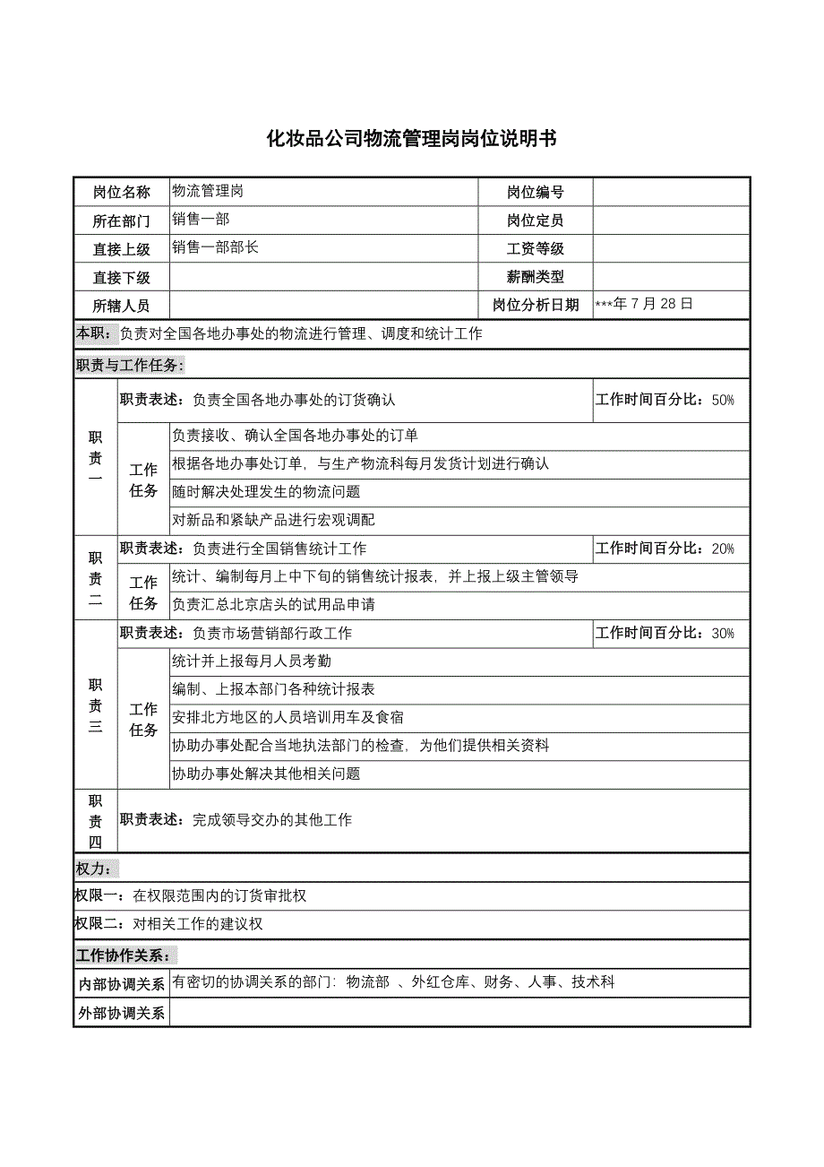 化妆品公司物流管理岗岗位说明书_第1页