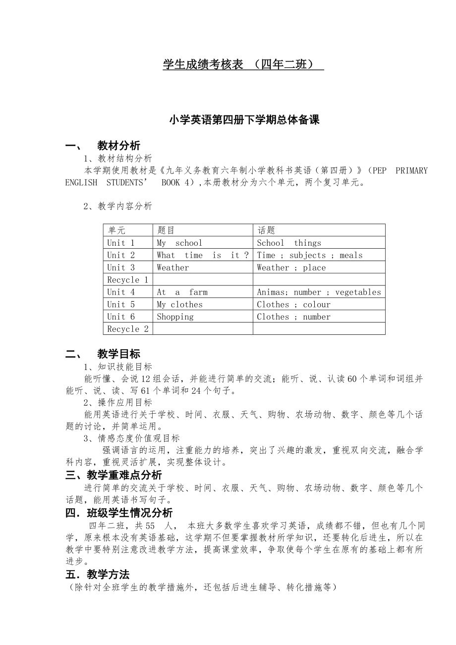 人教版版pep小学四年英语下册教案全册_第4页