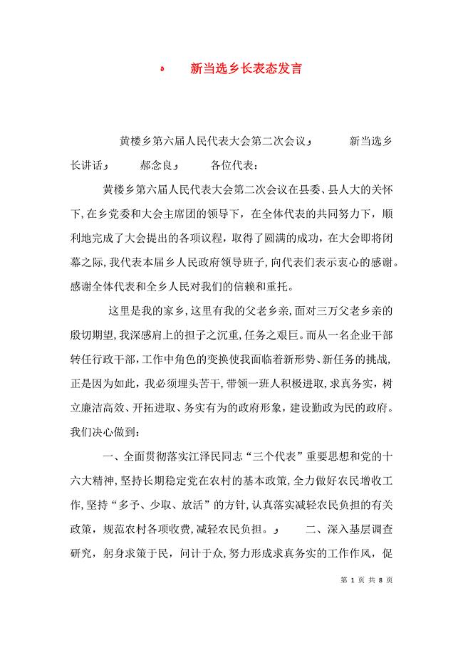 新当选乡长表态发言