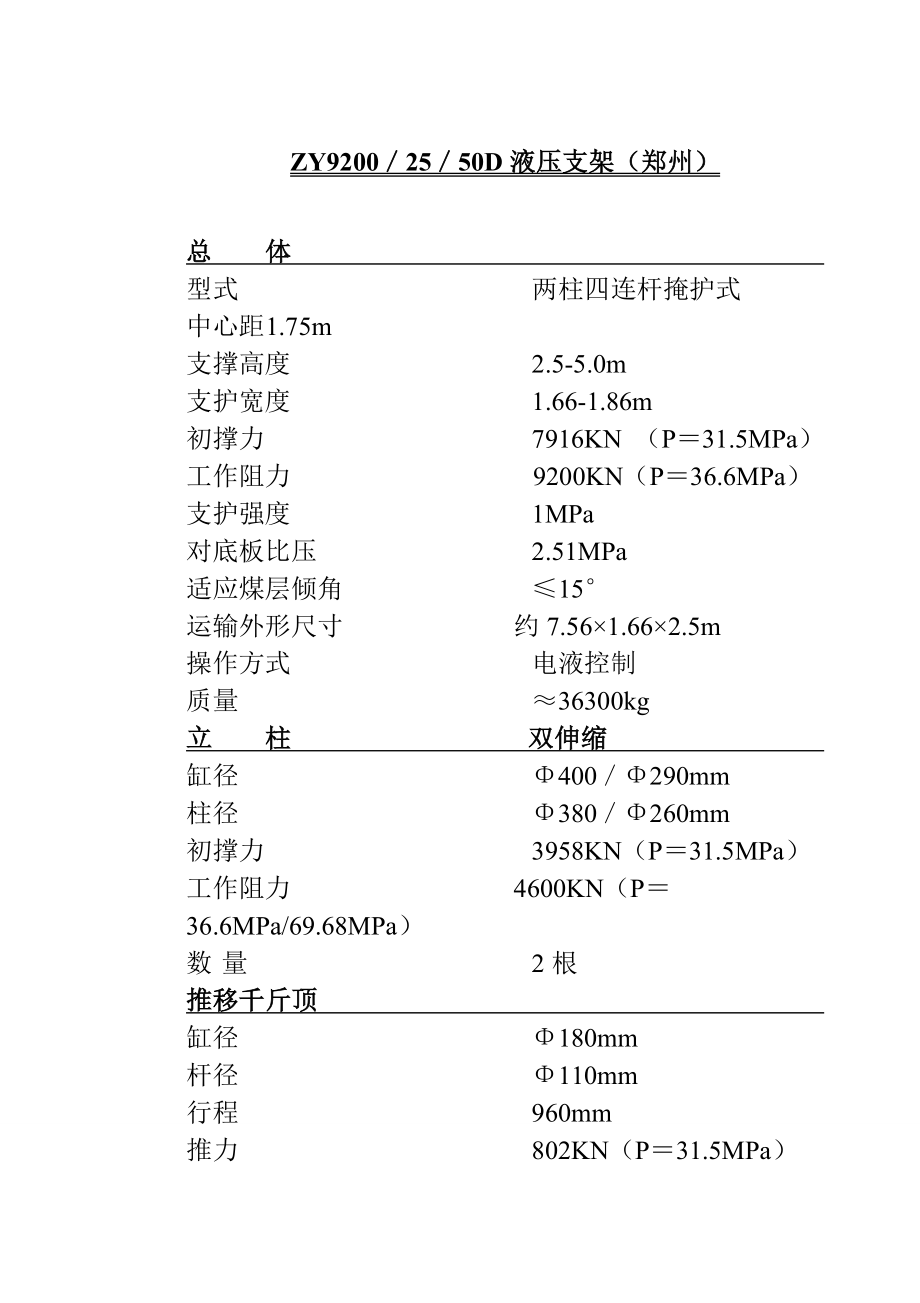 目前各地煤矿普遍使用的液压支架技术参数_第1页