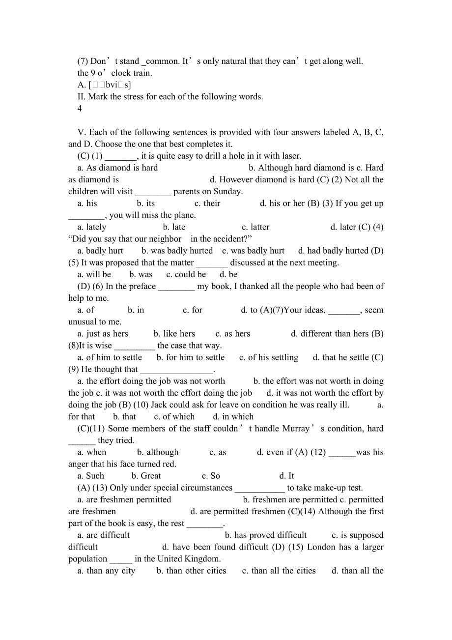 山东大学网络教育高起专期末考试模拟题及答案英语一_第5页