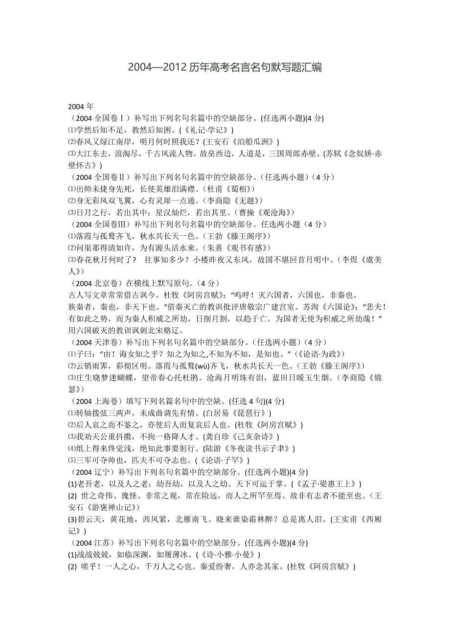 2004—2012历年高考名言名句默写题汇编.docx_第1页