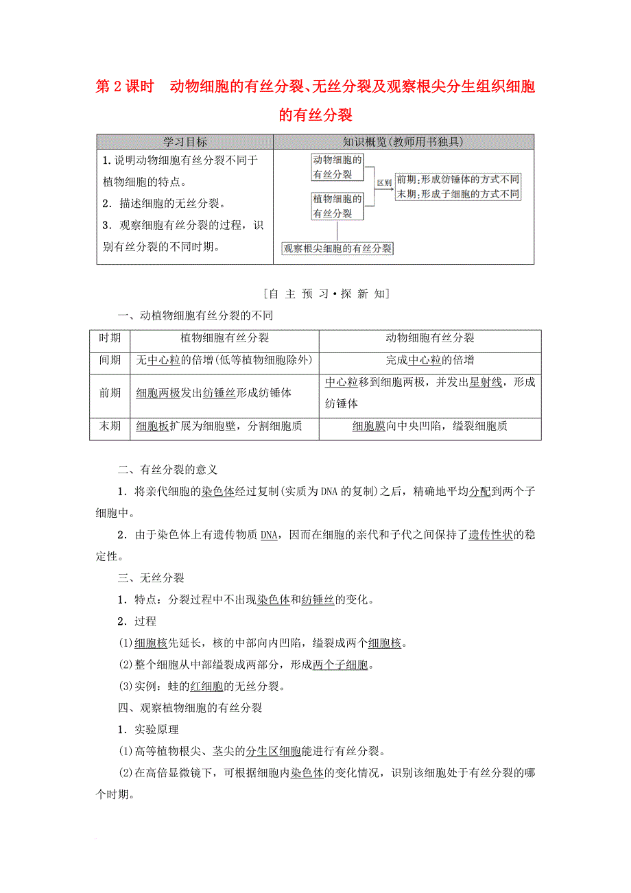 高中生物 第六章 细胞的生命历程 第1节 第2课时 动物细胞的有丝分裂、无丝分裂及观察根尖分生组织细胞的有丝分裂学案 新人教版必修1_第1页
