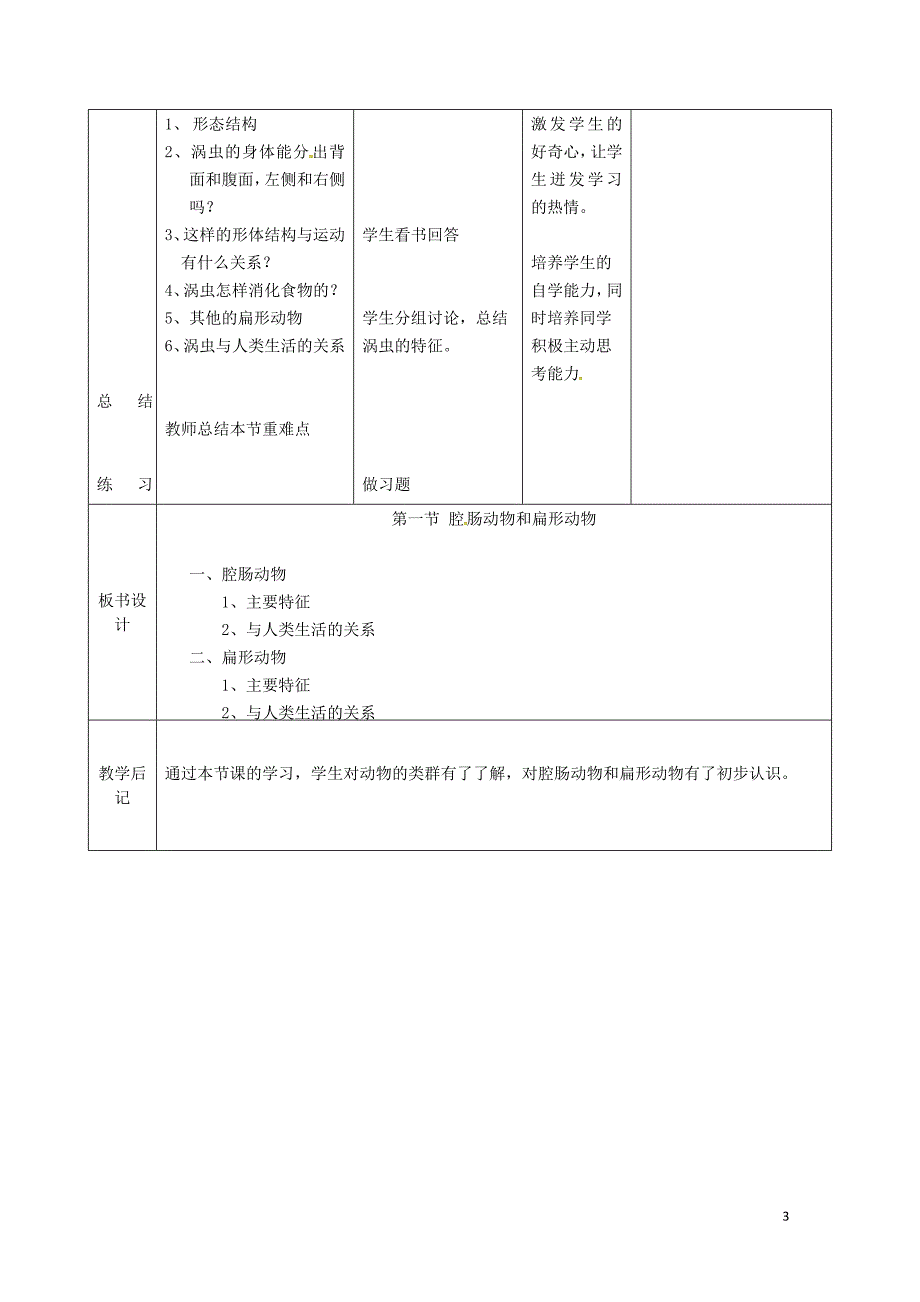 吉林省双辽市八年级生物上册第五单元第一章第一节腔肠动物和扁形动物教案新版新人教版071946_第3页