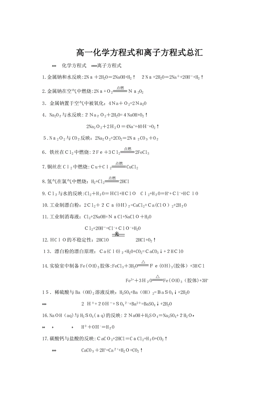 高一化学方程式和离子方程式总汇_第1页