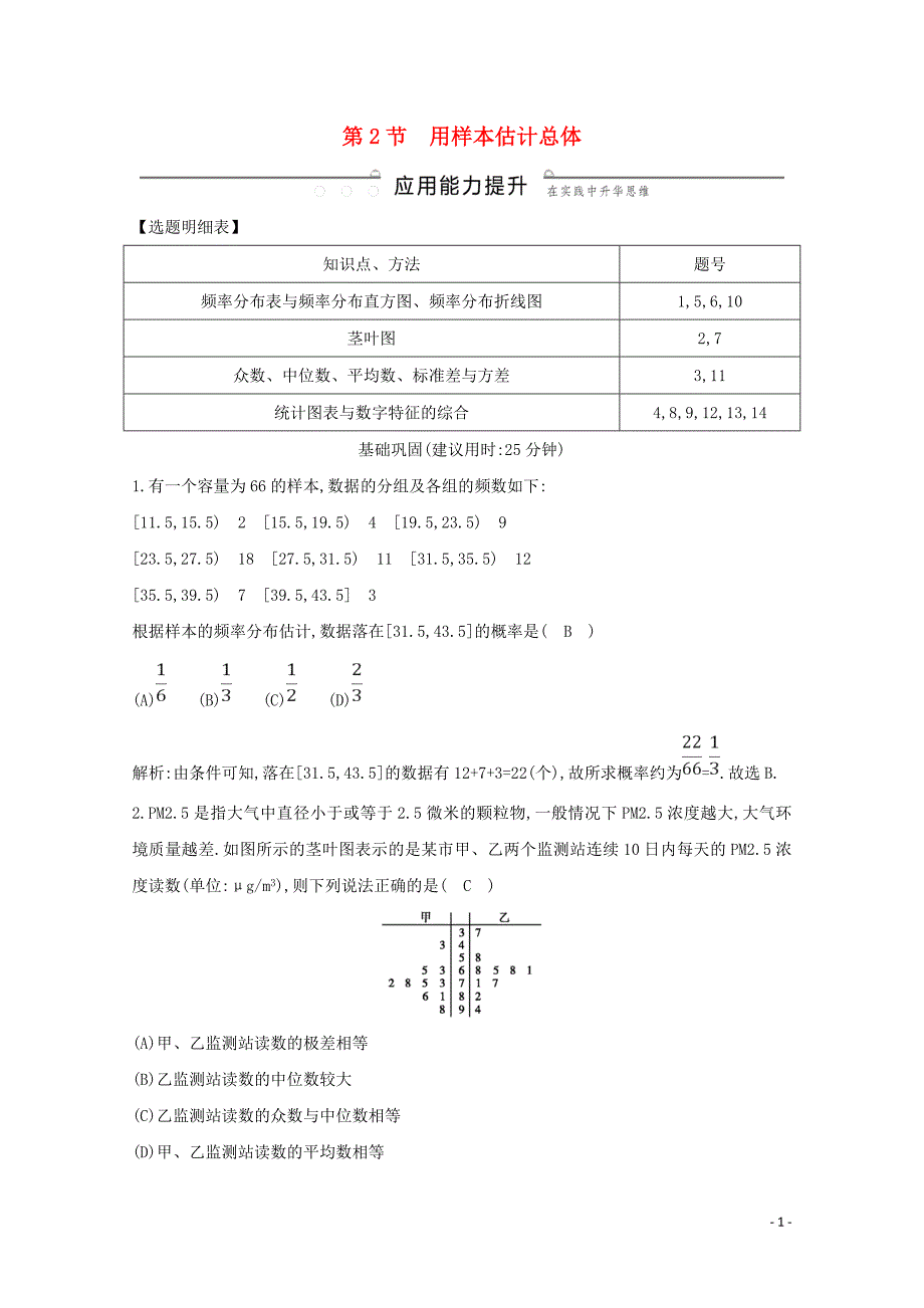 2020版高考数学总复习 第九篇 统计与统计案例（必修3、选修2-3）第2节 用样本估计总体应用能力提升 理（含解析）_第1页