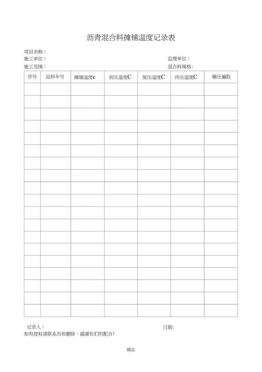 沥青混合料摊铺温度记录表_第1页