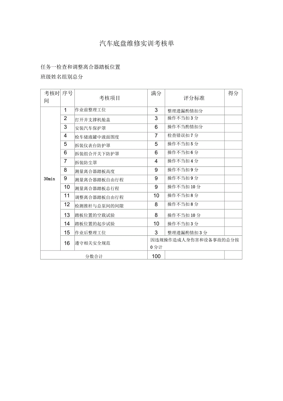 汽车底盘维修实训考核表_第1页