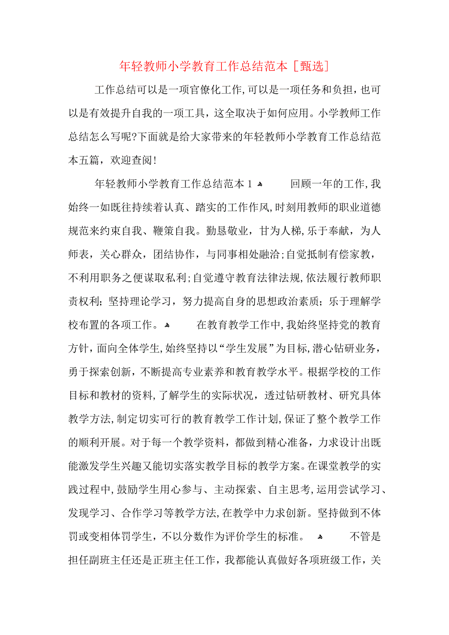 年轻教师小学教育工作总结_第1页