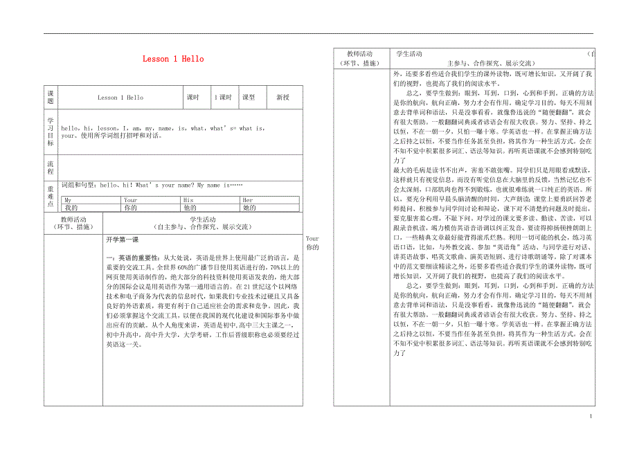 甘肃省白银市强湾中学七年级英语上册Lesson1Hello导学案（无答案）冀教版_第1页