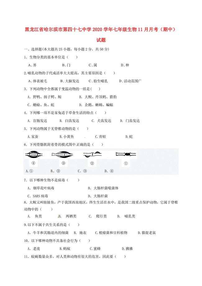 黑龙江省哈尔滨市第四十七中学七年级生物11月月考期中试题无答案新人教版