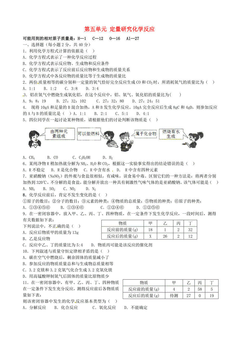 山东省沂源县燕崖中学八年级化学全册第五单元定量研究化学反应综合测试题无答案鲁教版五四制_第1页