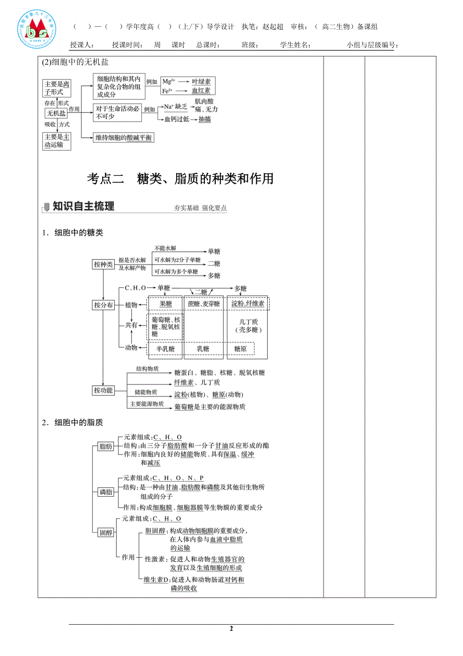 第2讲 细胞中的无机物、糖类和脂质 导学案- 高三生物一轮复习 .doc_第2页