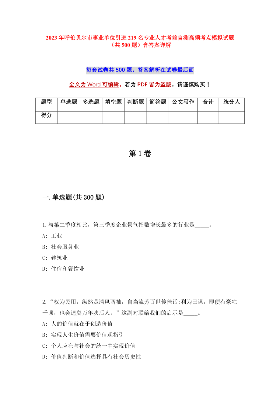 2023年呼伦贝尔市事业单位引进219名专业人才考前自测高频考点模拟试题（共500题）含答案详解_第1页