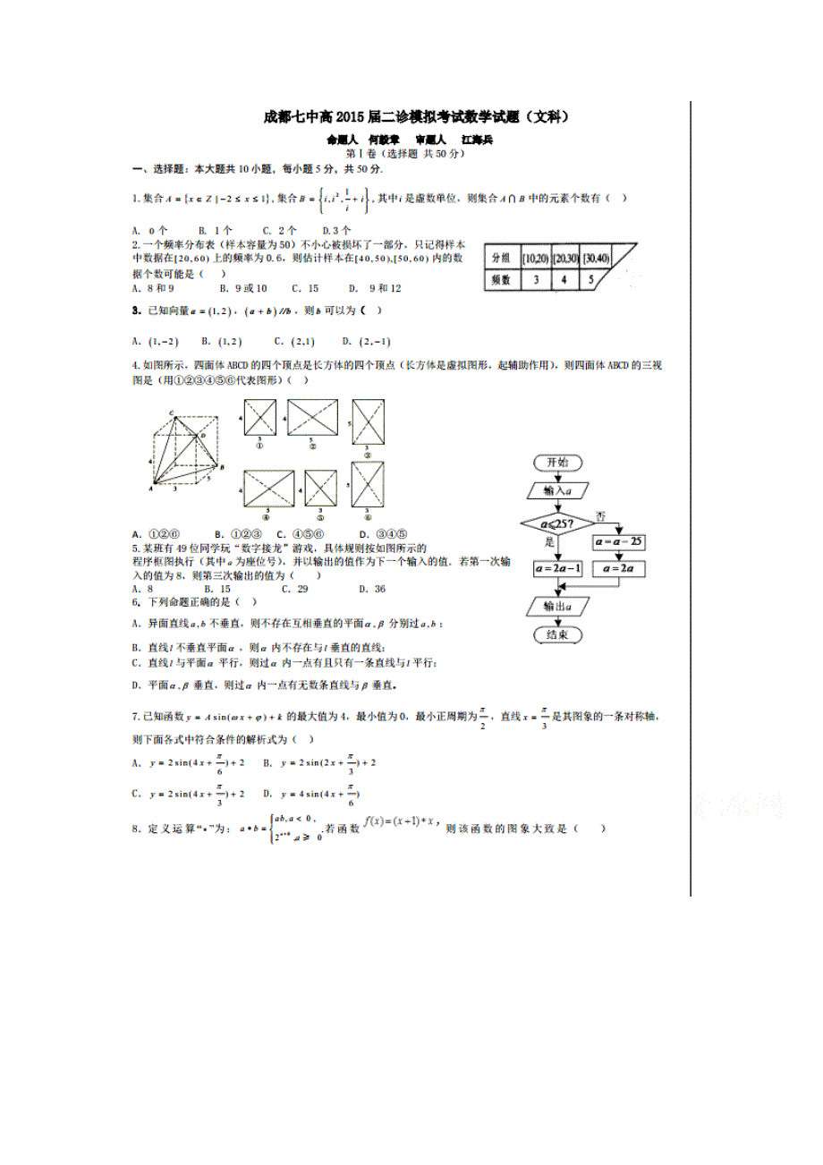 四川省成都市第七中学高三二诊模拟考试数学【文】试题及答案_第1页