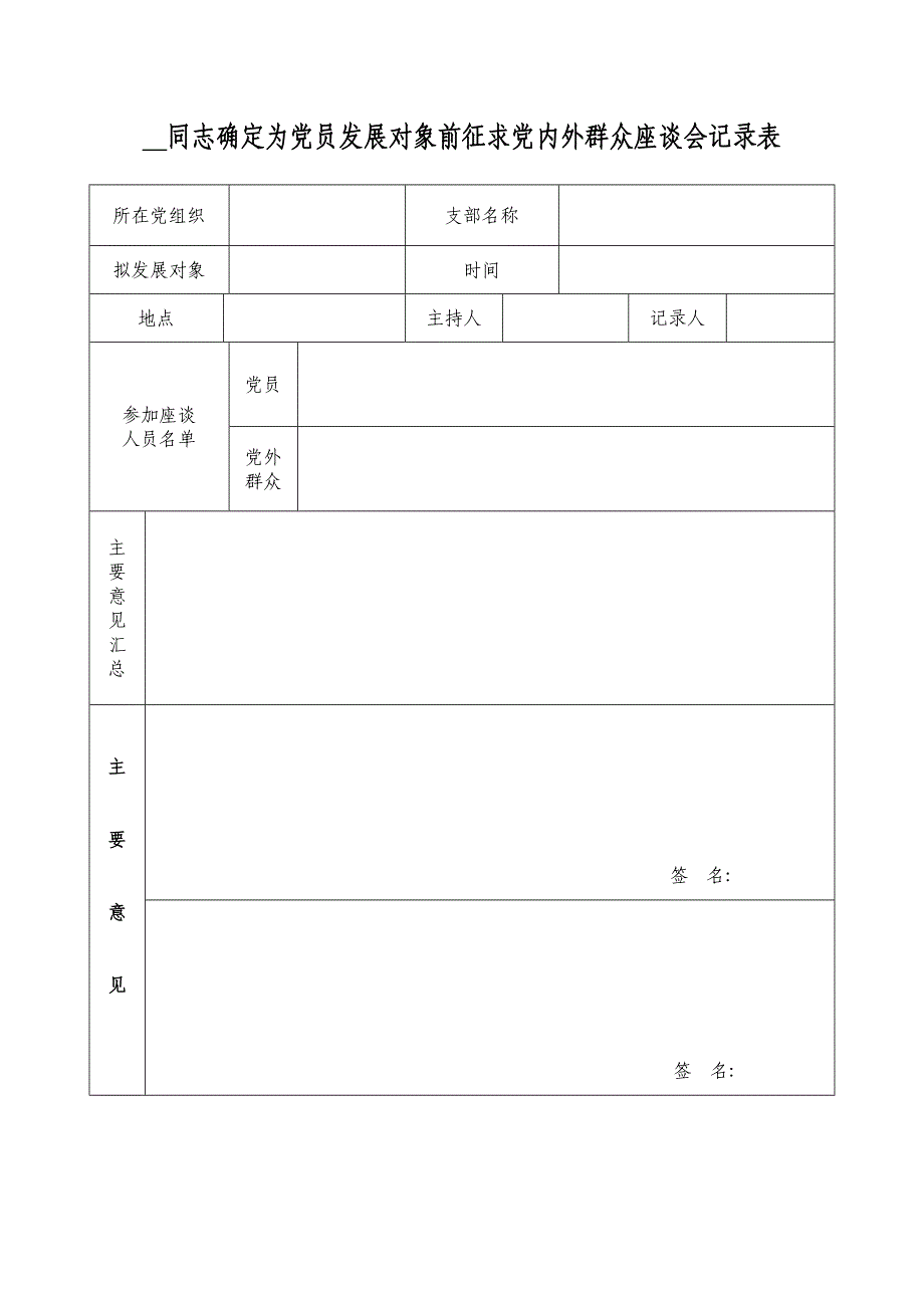 确定为党员发展对象前征求党内外群众座谈会记录表.doc_第1页
