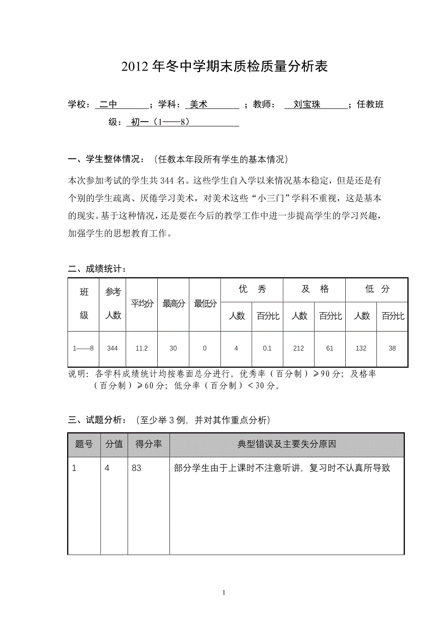 刘宝珠：中小学期末质检学科质量分析样表_第1页