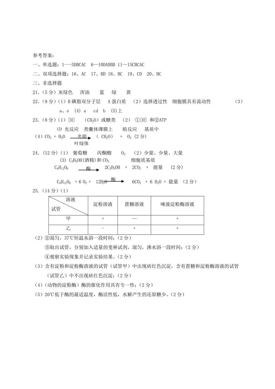 高中生物必修一第四、五单元检测试卷_第5页