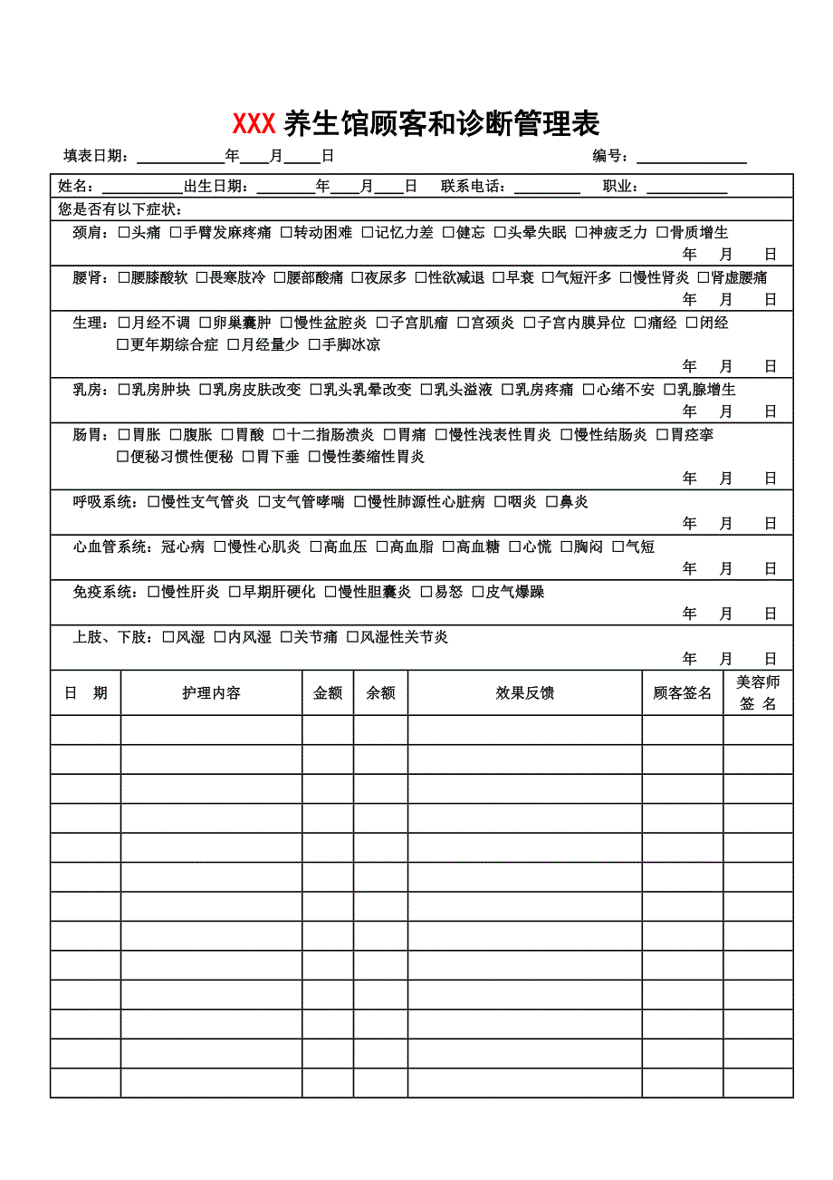 XXX养生馆顾客和诊断管理表_第1页