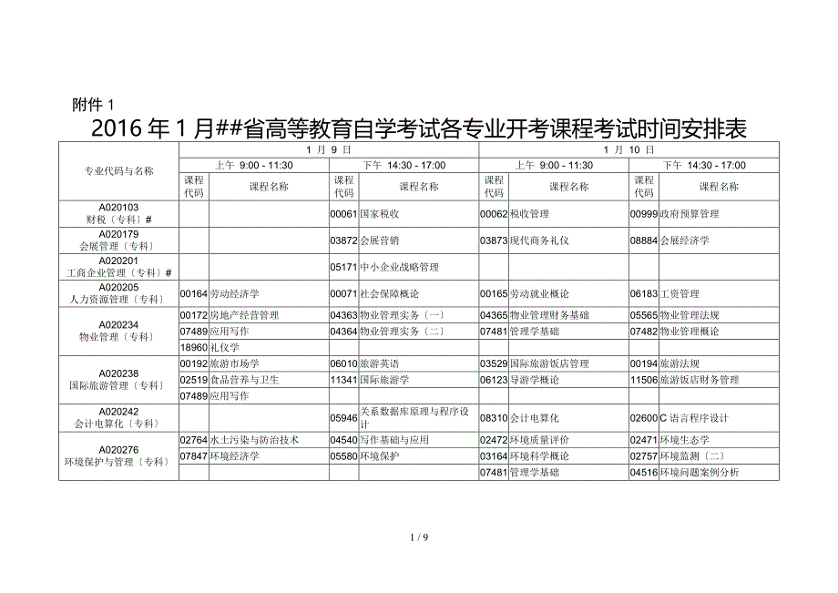 2016年1月广东省自考各专业考试时间安排_第1页