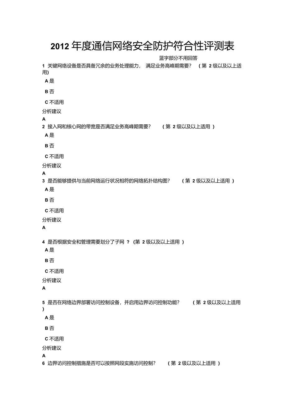 2012年度通信网络安全防护符合性评测表_第1页