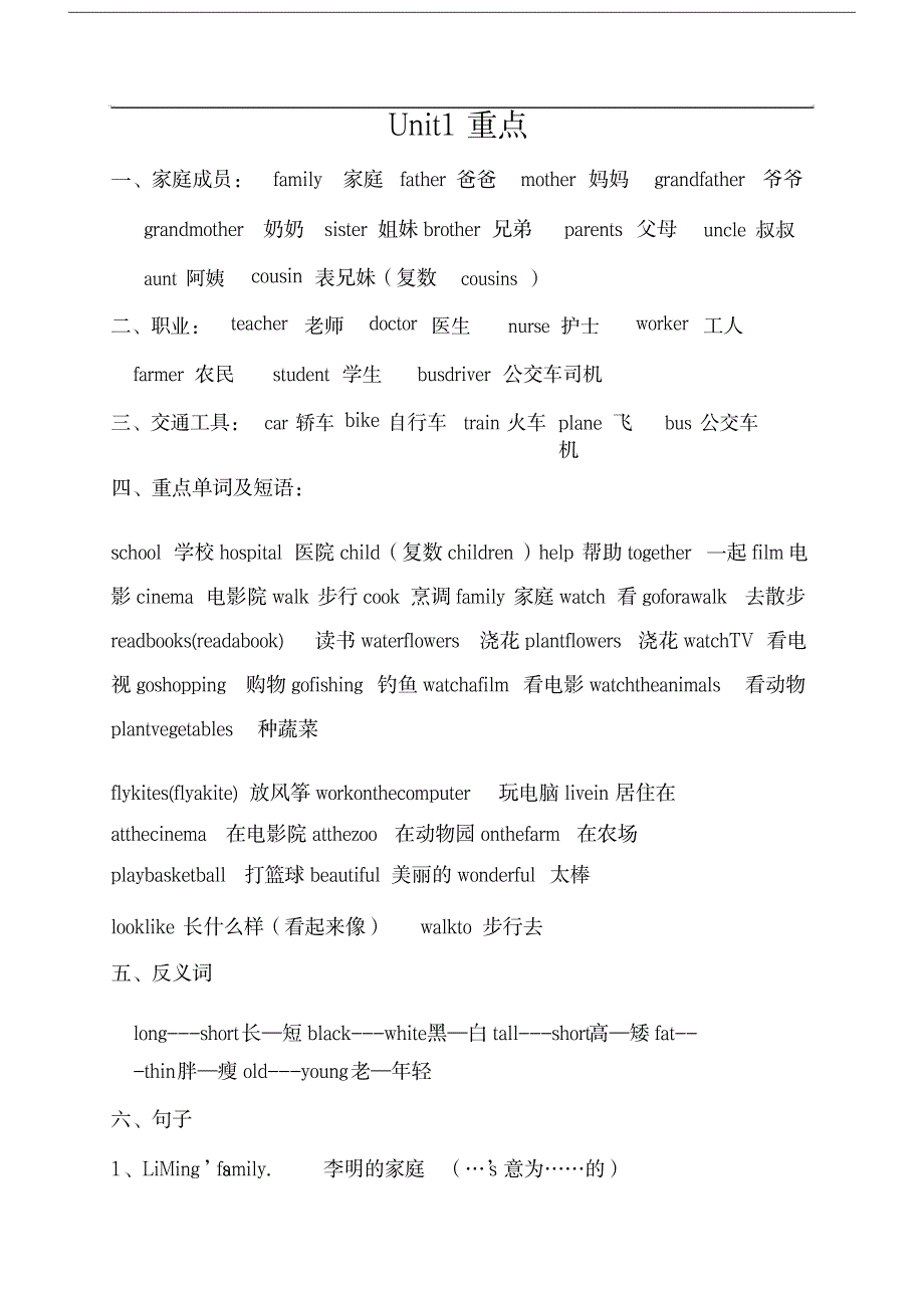 2023年冀教版英语五年级上册第一单元知识点归纳总结1_第1页