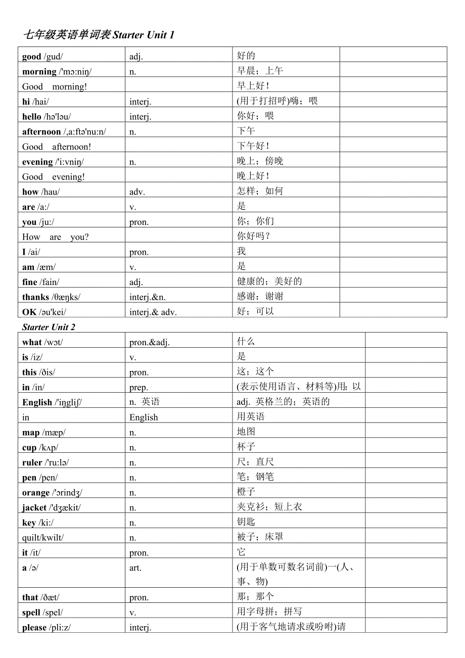 新版人教版七年级上册英语词汇表--打印.doc_第1页