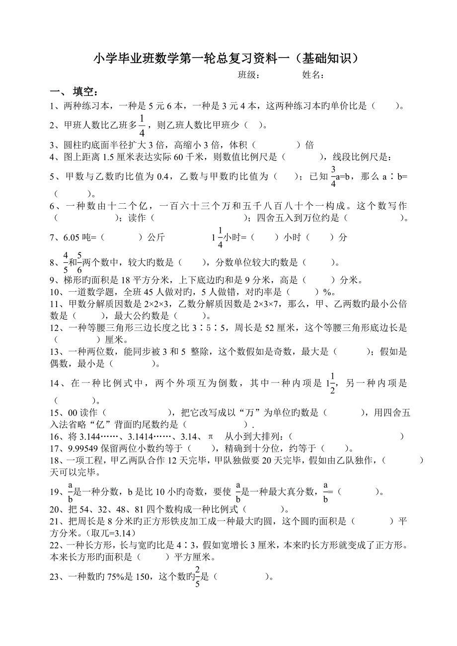 人教版小学六年级数学毕业总复习基础知识分类专项练习题_第1页