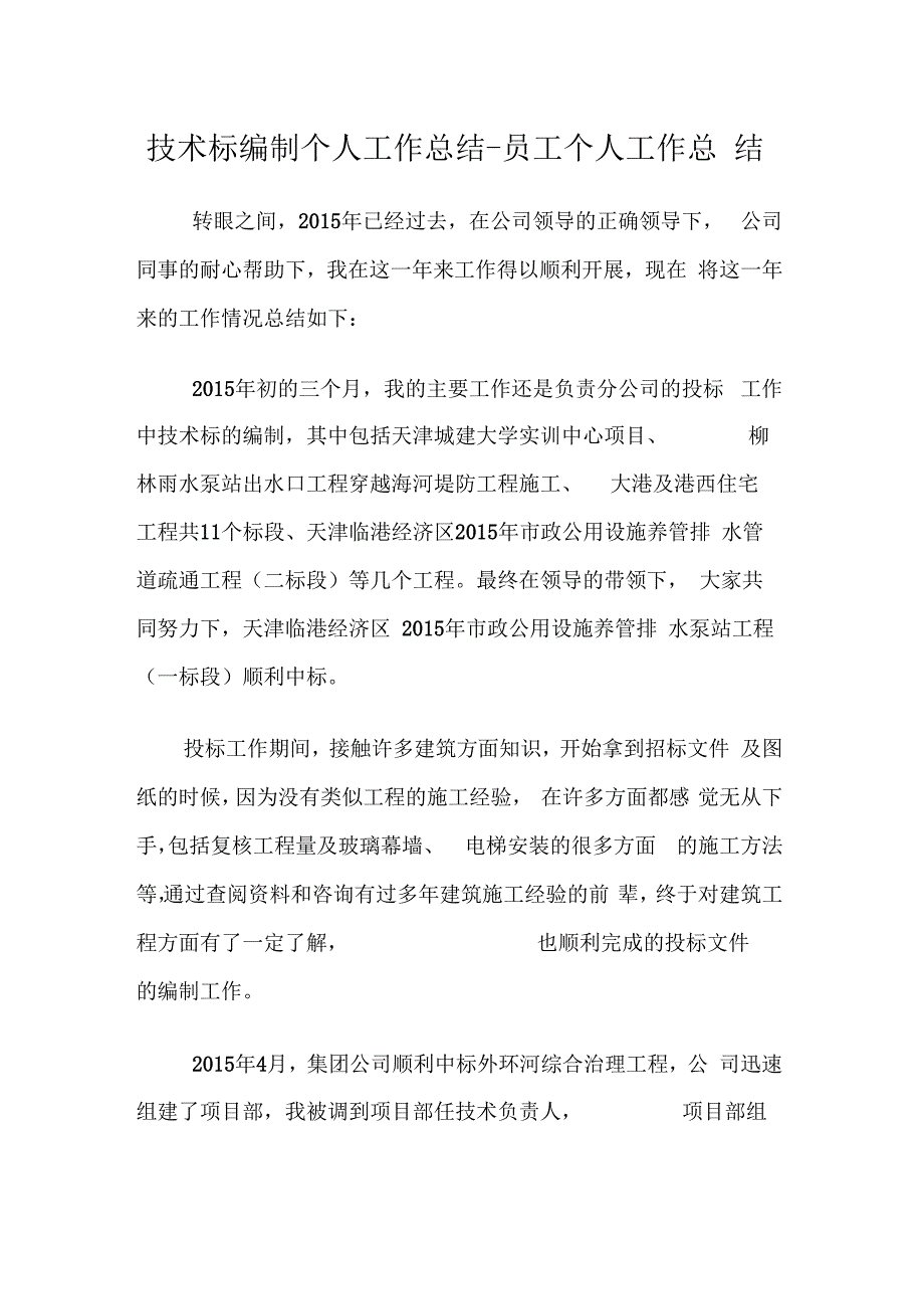 技术标编制个人工作总结员工个人工作总结_第1页