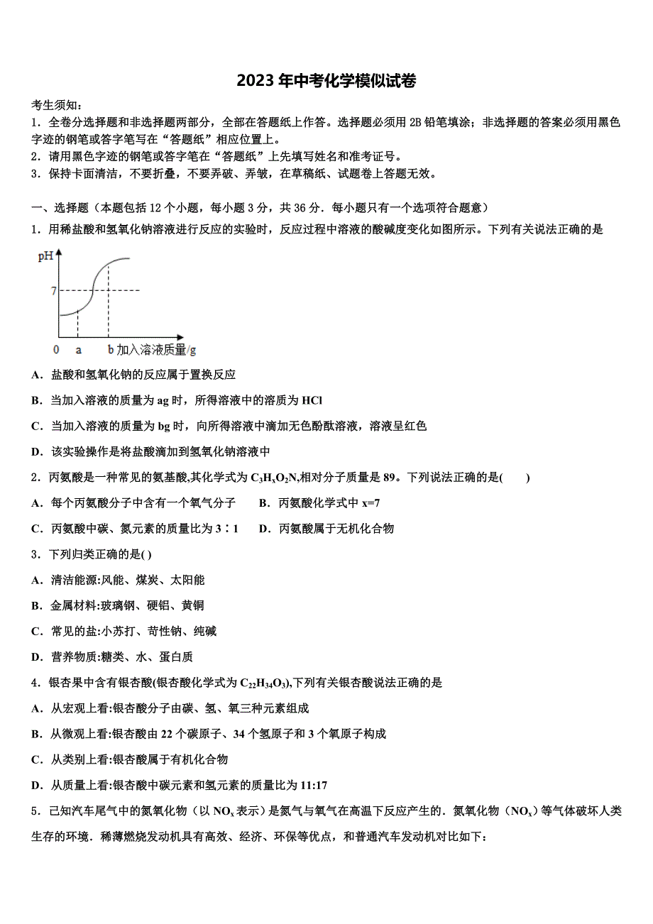 2023届内蒙古包头市重点达标名校中考化学考前最后一卷含解析.doc_第1页