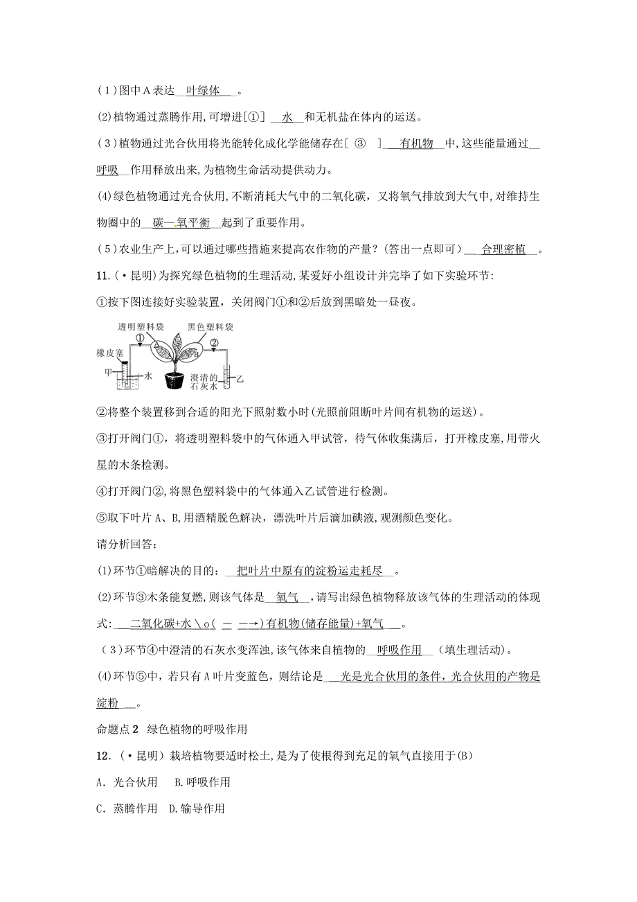 云南专版中考生物教材考点梳理第7课时绿色植物的光合作用和呼吸作用精品文档_第3页