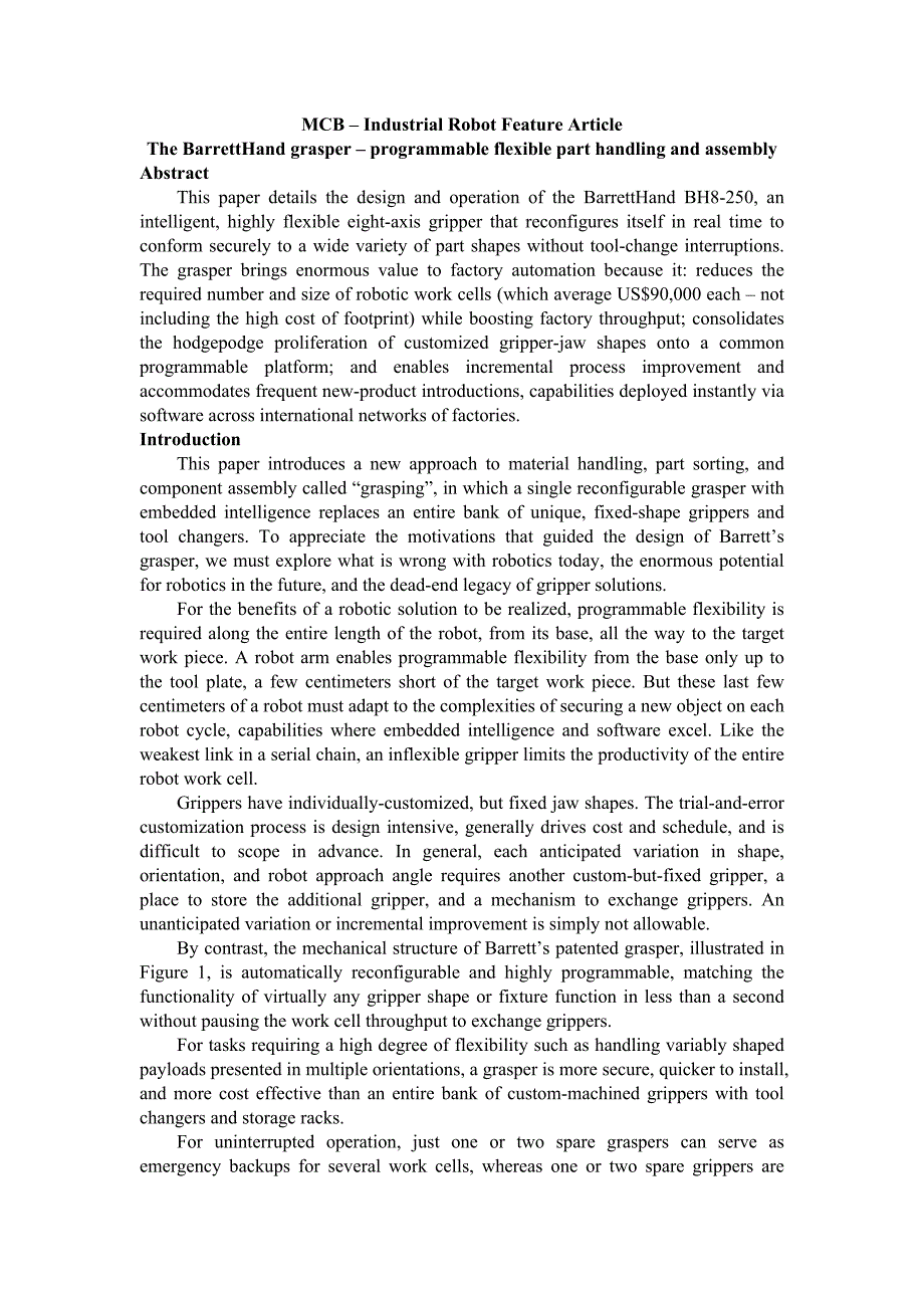 外文翻译--巴雷特机械手爪-可编程式可弯曲部分的搬运和组装.doc_第1页