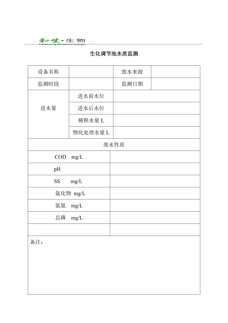 生化调节池水质监测记录表_第1页