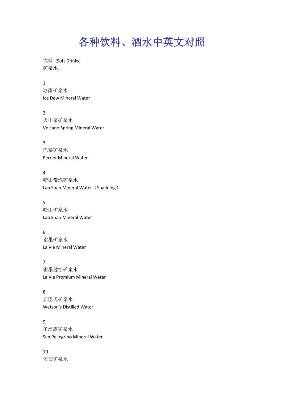 各种饮料、酒水中英文对照.docx_第1页