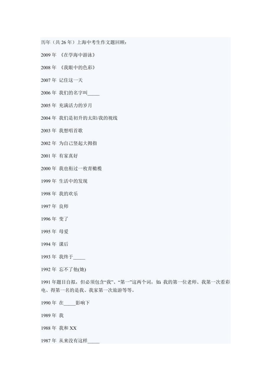 历年上海市中考作文题目_第1页