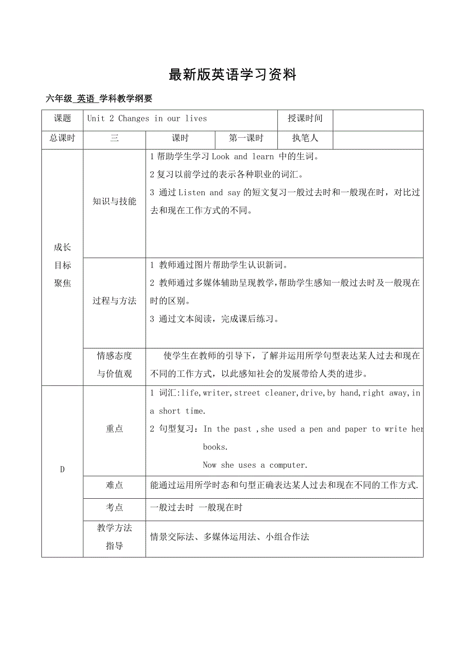 【最新】【上海教育版】英语六年级下册：Unit 2Changes in our lives教案_第1页