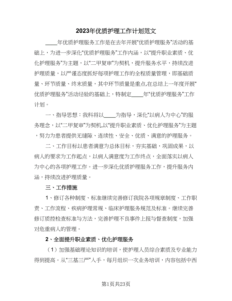 2023年优质护理工作计划范文（五篇）.doc_第1页